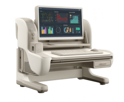 Modern medical diagnostic workstation with advanced graphical data displays isolated on transparent background