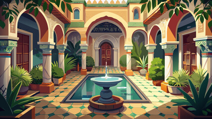 A historic stone riad in Marrakech, Morocco, with intricate tilework, arched doorways, and a shaded central courtyard filled with plants. Traditional Moroccan style meets serene living