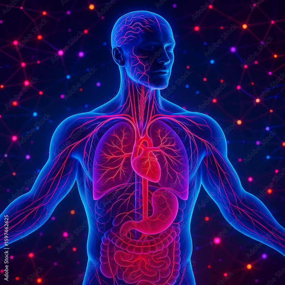 Poster ai generated abstract anatomical visualization of upper body focusing on glowing respiratory and ner