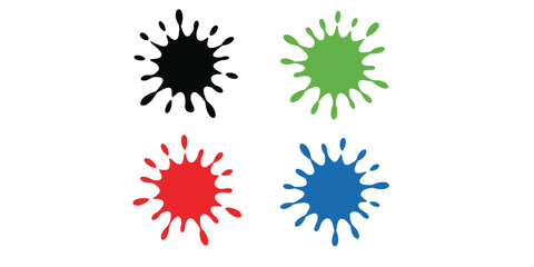 Four colorful paint splatters in black, green, red, and blue on a white isolated background