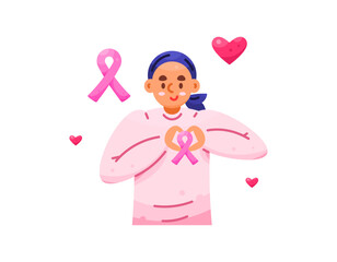 Illustration of a hairless woman with her hands forming a heart shape on her chest. Cancer survivors and fighters. Pink ribbon, awareness and support for cancer sufferers. Flat style character