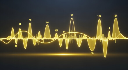 Digital data visualization of a glowing yellow frequency wave with numerical peaks on a futuristic dark background.