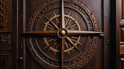 Dark Brown Wooden Door with Carved Compass Rose Design