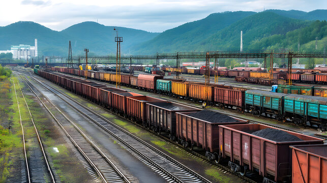 A long train yard filled with coal cars, stretching toward mountains under a cloudy sky