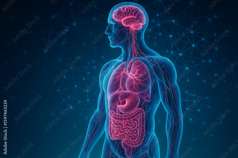 Poster ai generated ultra realistic glowing human body showing internal organs and neural pathways with sci