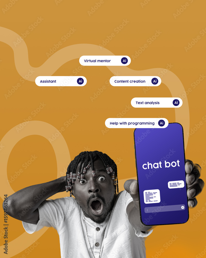 Poster person expresses surprise while using a chatbot application for programming assistance