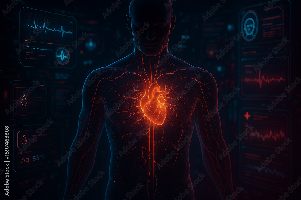 Poster ai generated hyper-detailed sci-fi visualization of a human body interface showing glowing red biome