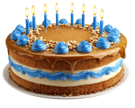 Caramel cake with blue frosting, lit candles, nut topping, and creamy layers on white plate, festive and joyful birthday celebration concept