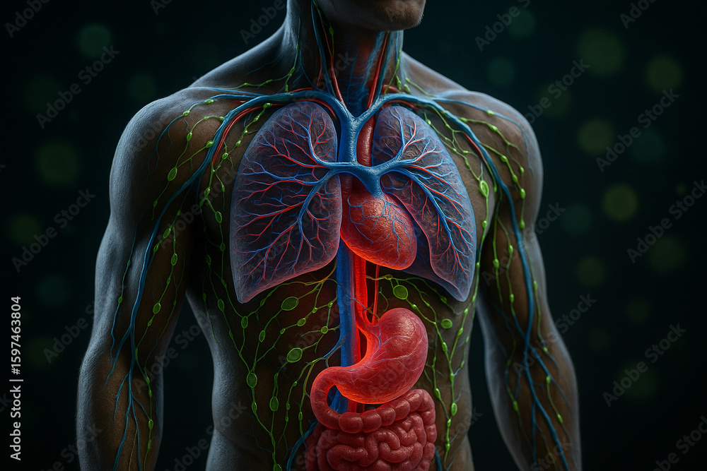 Poster ai generated artistic anatomy visualization showing human circulatory and lymphatic systems in vibra