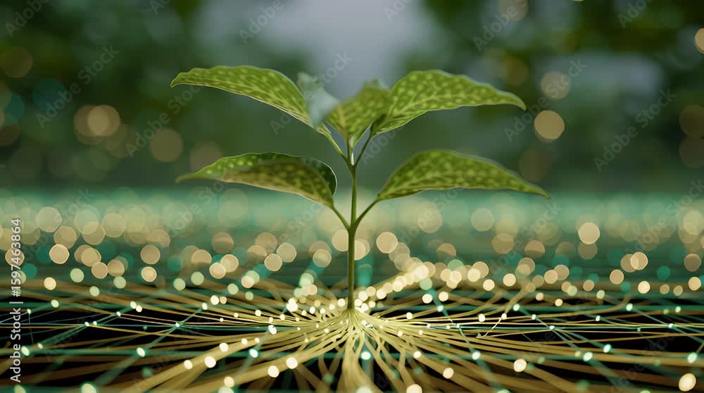 Poster a sprout emerging from a network of connections. lush green plant amidst a blurred background of nat