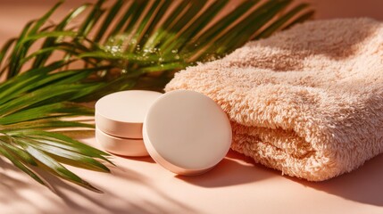 Minimalist skincare flat lay: matte pink compact powders, fluffy peach towel, dewy palm leaves for beauty product advertisement, cosmetic packaging design promotion