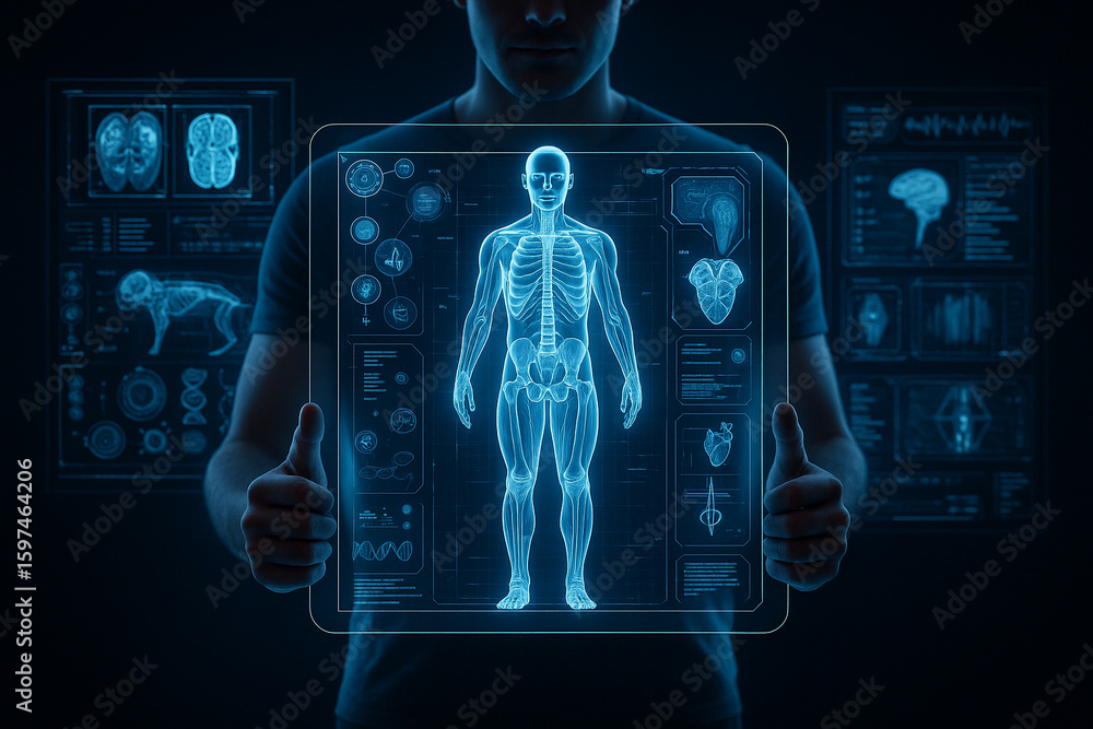 Poster ai generated digital visualization of a man holding a glowing transparent screen showing a full-body