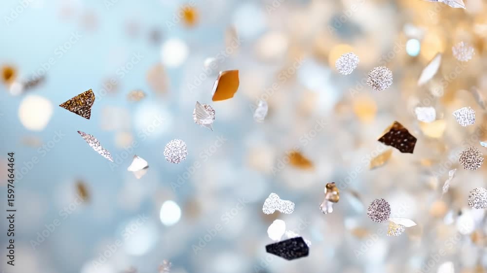 Poster abstract floating fragments with soft blue and gold light bokeh background