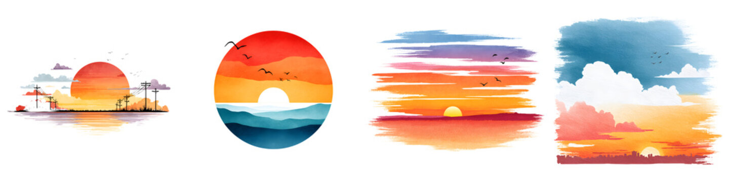 Watercolor Sunset Landscapes: Colorful Sky and Sun Illustration Set