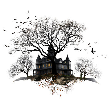 Spooky Victorian Mansion Surrounded by Haunting Trees and Shadowy Birds at Dusk
