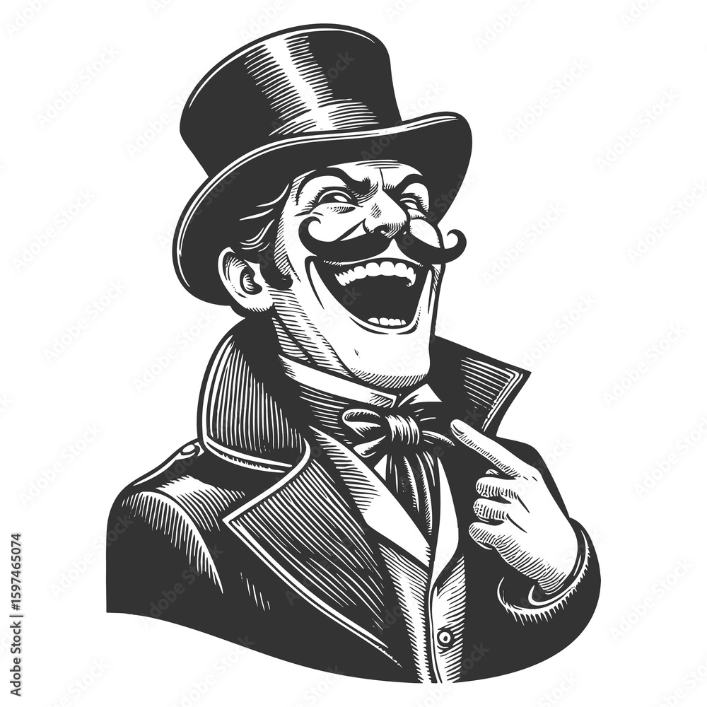 Poster victorian man with a curled mustache and top hat laughing with exaggerated joy sketch engraving gene