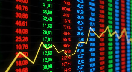 Digital display of stock market tickers with a rising yellow line graph indicating economic growth and financial success.