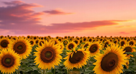 Sunflower Field at Sunset, Vibrant Summer Sky