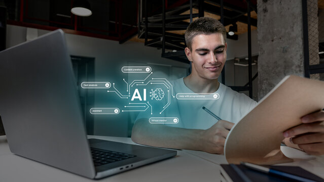 Young person engaged in creative work with AI assistance in modern office space during the day
