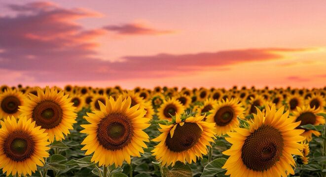 Sunflower Field at Sunset, Vibrant Summer Sky