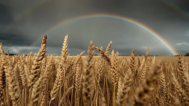 Colorful rainbow arching gracefully over a rolling golden wheat crop beneath a clearing storm sky at dawn