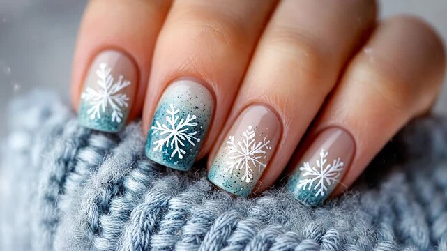 Elegant winter-themed manicure featuring snowflake nail art design