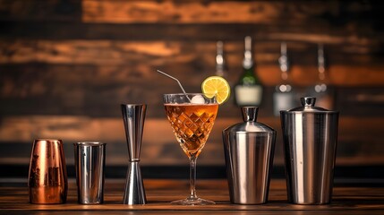 Elegant cocktail in a vintage glass garnished with lemon slice, surrounded by bar tools including shakers and jiggers on wooden bar counter