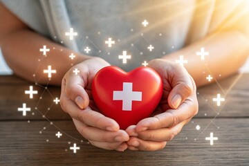 Hands gently holding a red heart with medical cross symbol