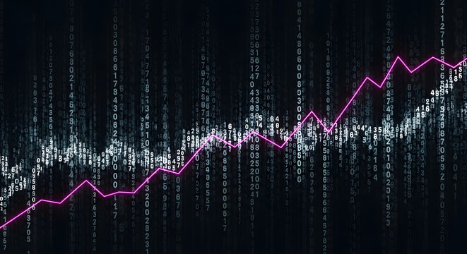 Abstract business analytics graph with a rising pink line indicating economic success and profit over a matrix of data.