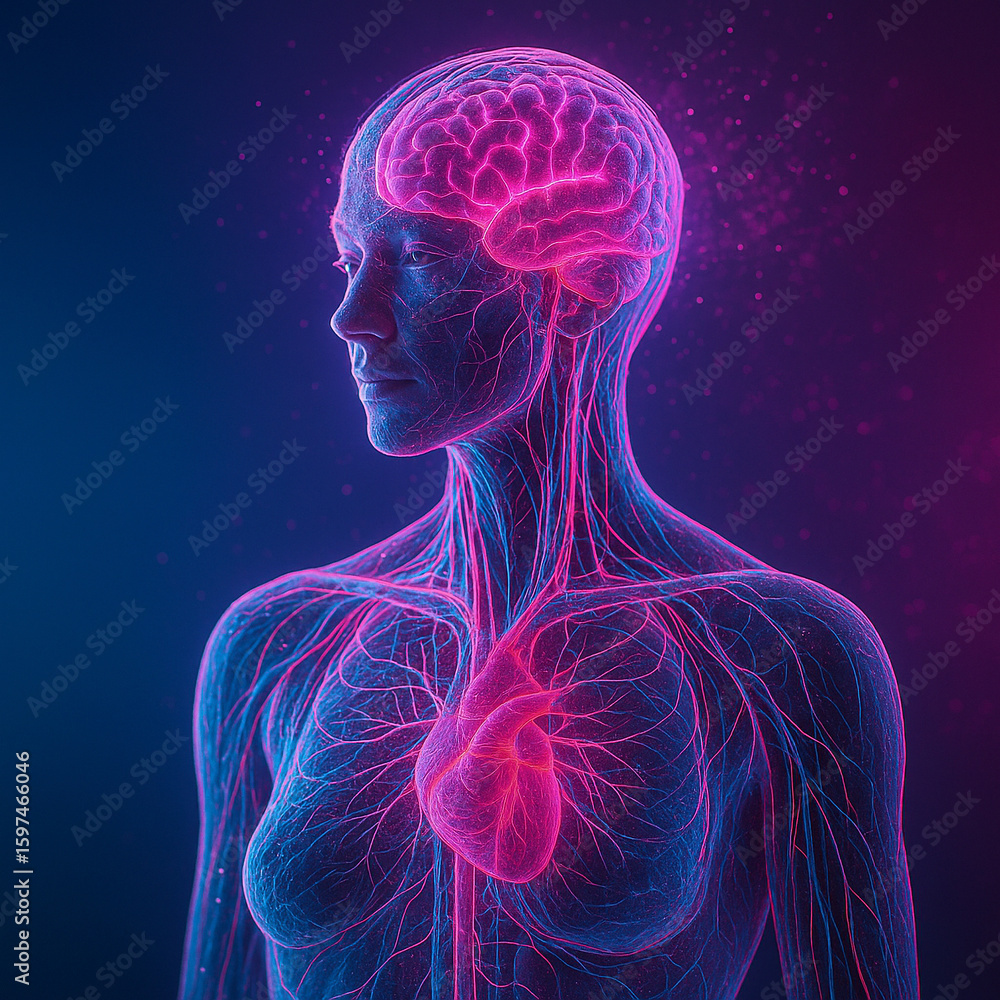 Aufkleber ai generated artistic anatomy showing glowing brain nervous system and heart in neon pink and cyan w