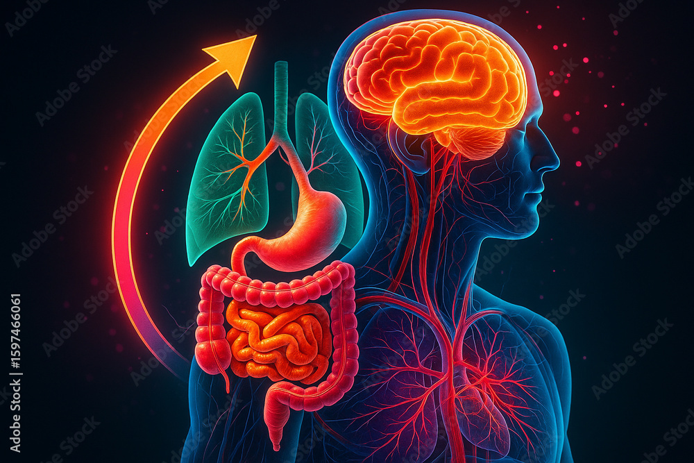 Poster ai generated futuristic anatomy showing glowing brain lung and digestive system in profile view with