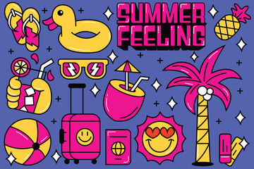 A collection of stickers featuring various beach and summer-related items such as Sun, Passport, suitcase, young coconut ice, coconut tree, ball and sunglasses