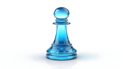 Blue transparent glass chess pawn piece rendered in 3D, isolated on white background with glossy reflective surface