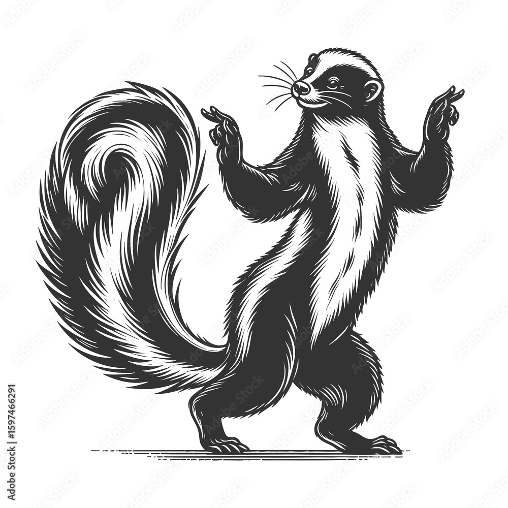 Poster dancing skunk sketch engraving generative ai fictional character raster illustration. scratch board 