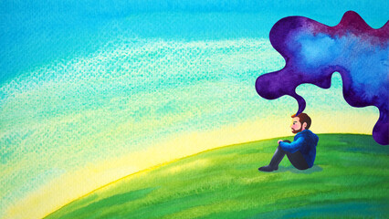 human man meditate body mind mental health conscious yoga chakra spiritual holistic healing breath peace abstract imagine emotion energy meditation world universe watercolor painting illustration art
