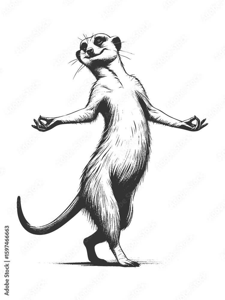 Poster dancing meerkat sketch engraving generative ai fictional character raster illustration. scratch boar