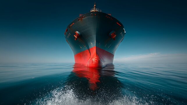 A large ship cuts through serene waters, creating splashes as it moves forward. The bright red bow is prominent against the blue sea and sky, showcasing maritime activity .