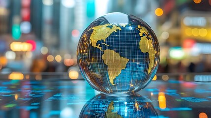 Glass globe with illuminated world map reflecting city lights on a modern digital background