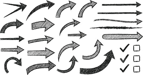 Hand drawn arrows vector set, sketch arrow collection, direction pointers, doodle arrow graphic design