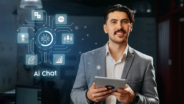 Professional man engages with technology in a modern office environment showcasing AI chat features