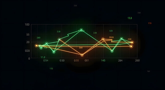 Digital interface with a glowing line chart showing financial data analytics and stock market trends on a dark background
