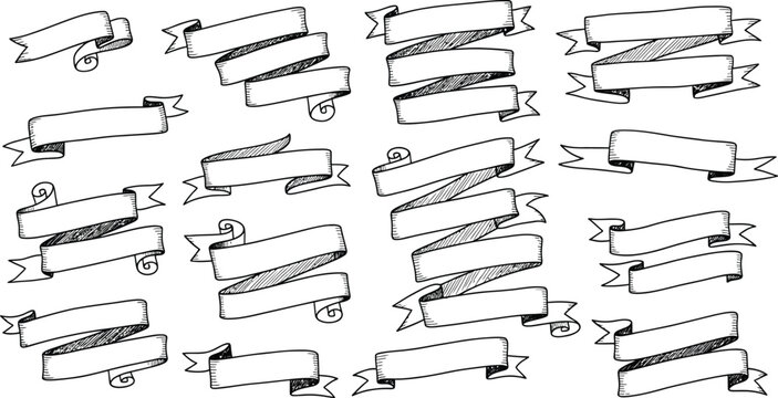 Vector set of hand drawn doodle ribbons banners isolated on white background design elements art