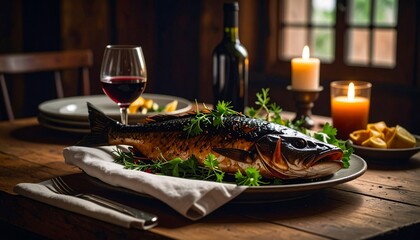 roasted fish on the rustic table