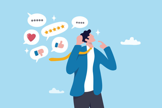 Listening to feedback, criticize message, customer advice or hearing client response, communication or answer, seek feedback concept, businessman listen to customer social media feedback expression. - Powered by Adobe