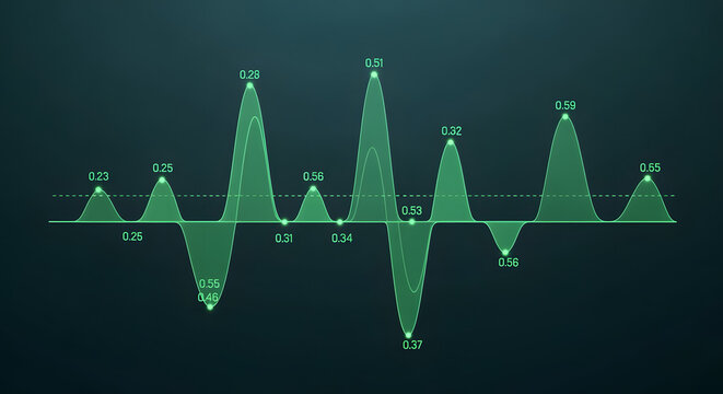Abstract technology concept with a digital data waveform graph. Scientific analysis and information visualization on a dark background.