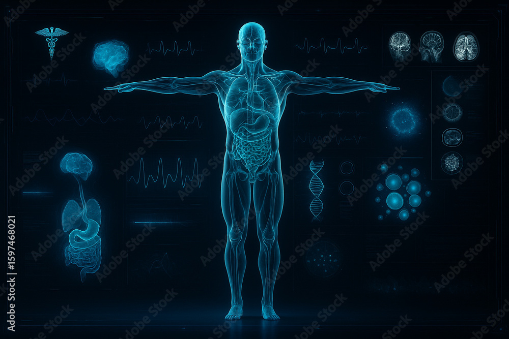 Poster ai generated full body medical scan in sci fi style showing internal organs brain and diagnostics da