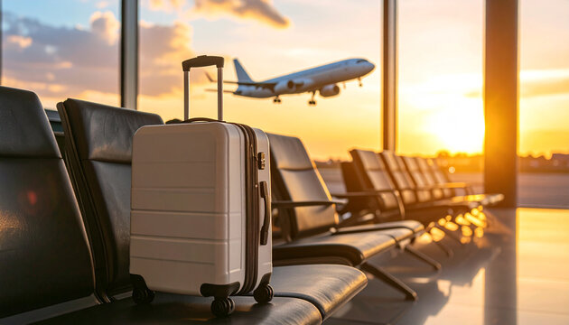 maleta de equipaje olvidado en la sala de espera de un aeropuerto con un avion despegando en la pista exterior al atardecer