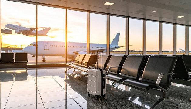 una maleta de equipaje olvidado en la sala de espera de un aeropuerto con un avion en la pista exterior al atardecer
