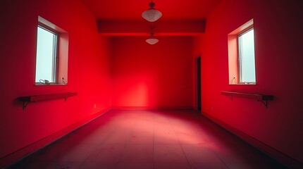A professional photograph creates an eerie, creepy atmosphere within a minimalist interior of bright, vibrant colors. Dark tones and unsettling details are emphasized.