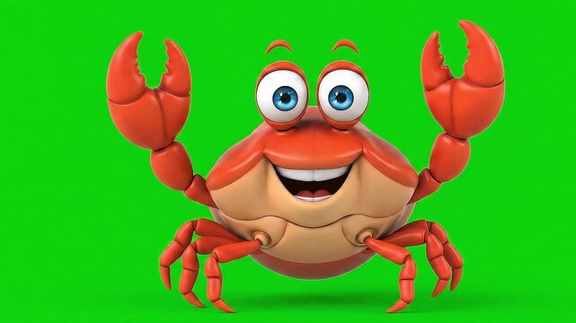 3D cartoon crab raising claws on green screen